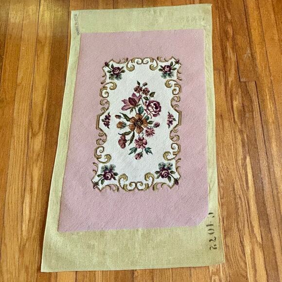 Vintage Pink Floral Needlepoint with Roses and Scroll Design Unframed - Picture 11 of 15